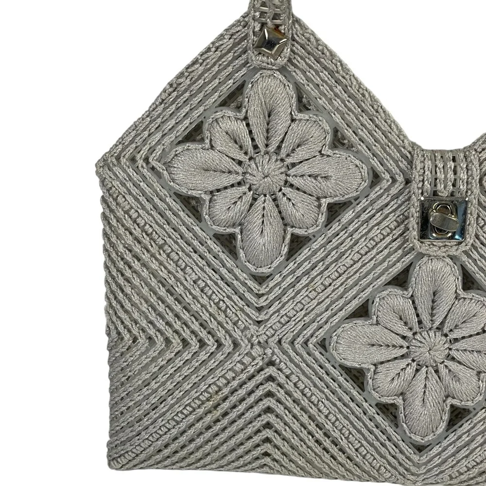 Vintage Handmade Gray Cross Stitch Plastic Canvas Woven Flower Accent Handbag